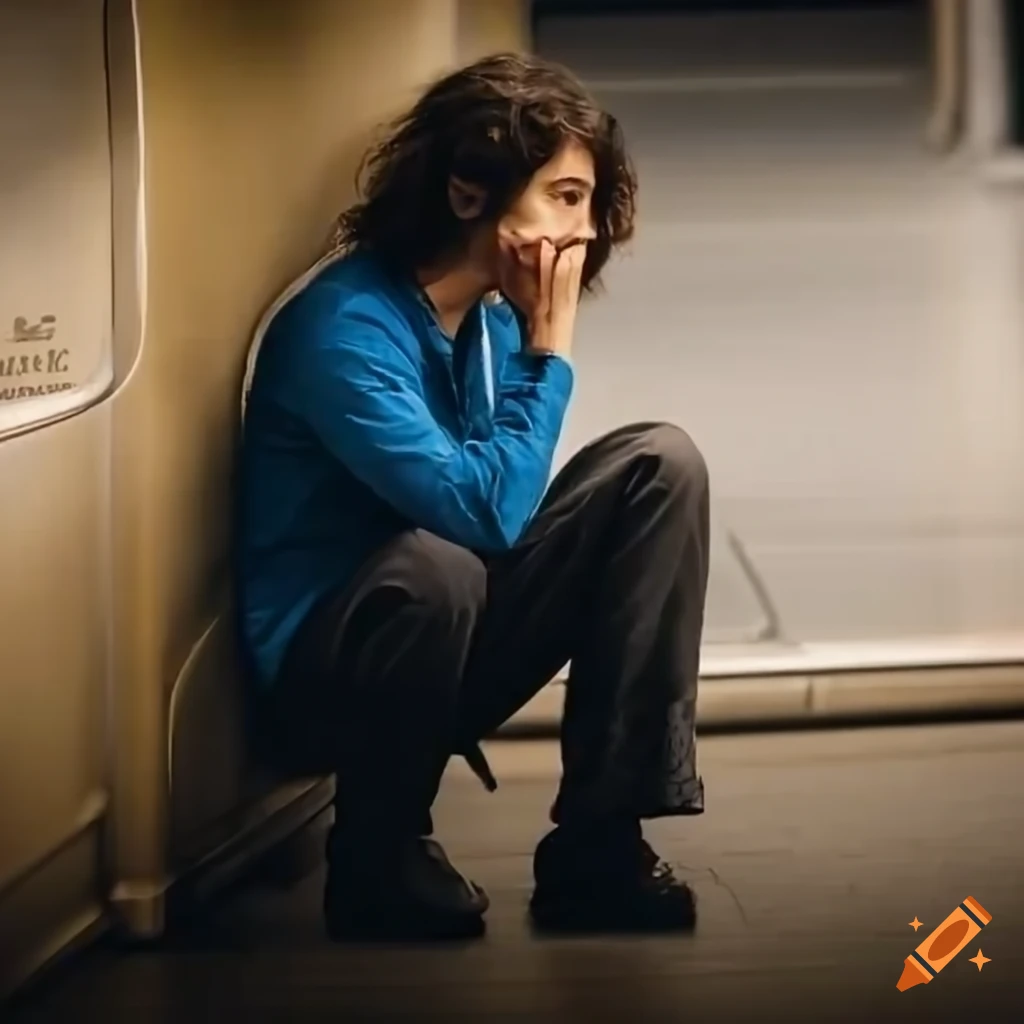 Young Latino man in blue shirt and black pants looking tired and contemplative on subway