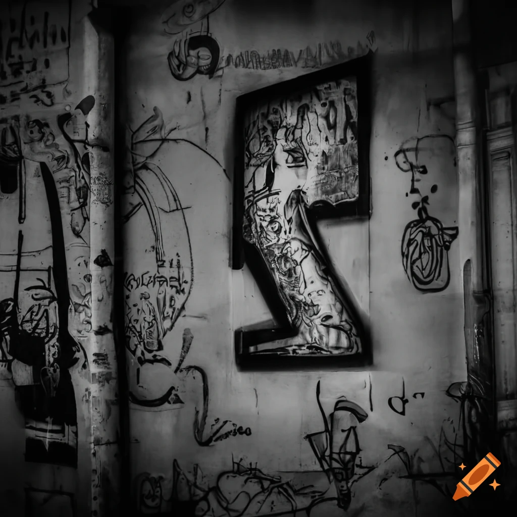 Detailed black and white graffiti art of a vintage letter T in a New York City subway