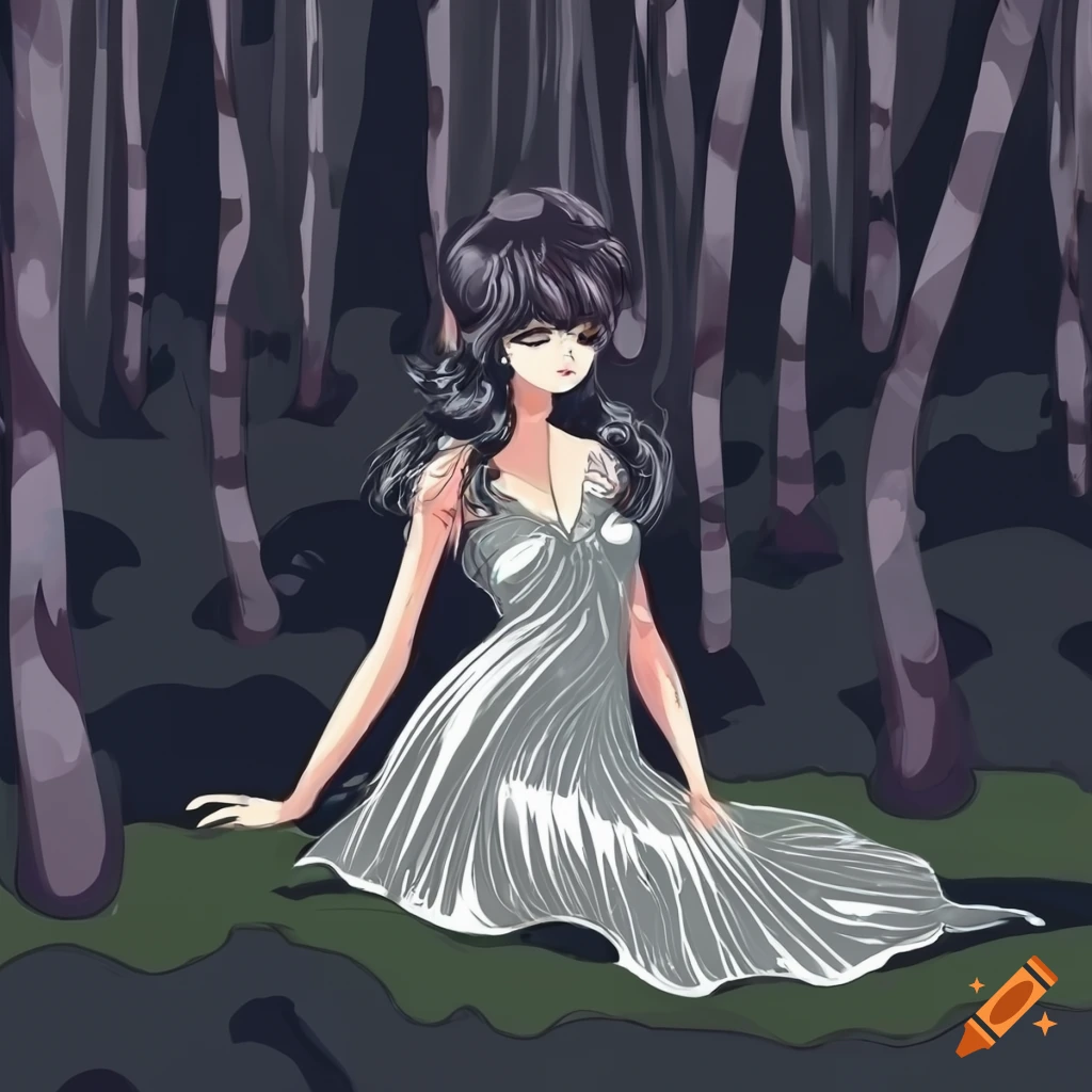 Dark haired girl in a silver dress sitting in a dark forest