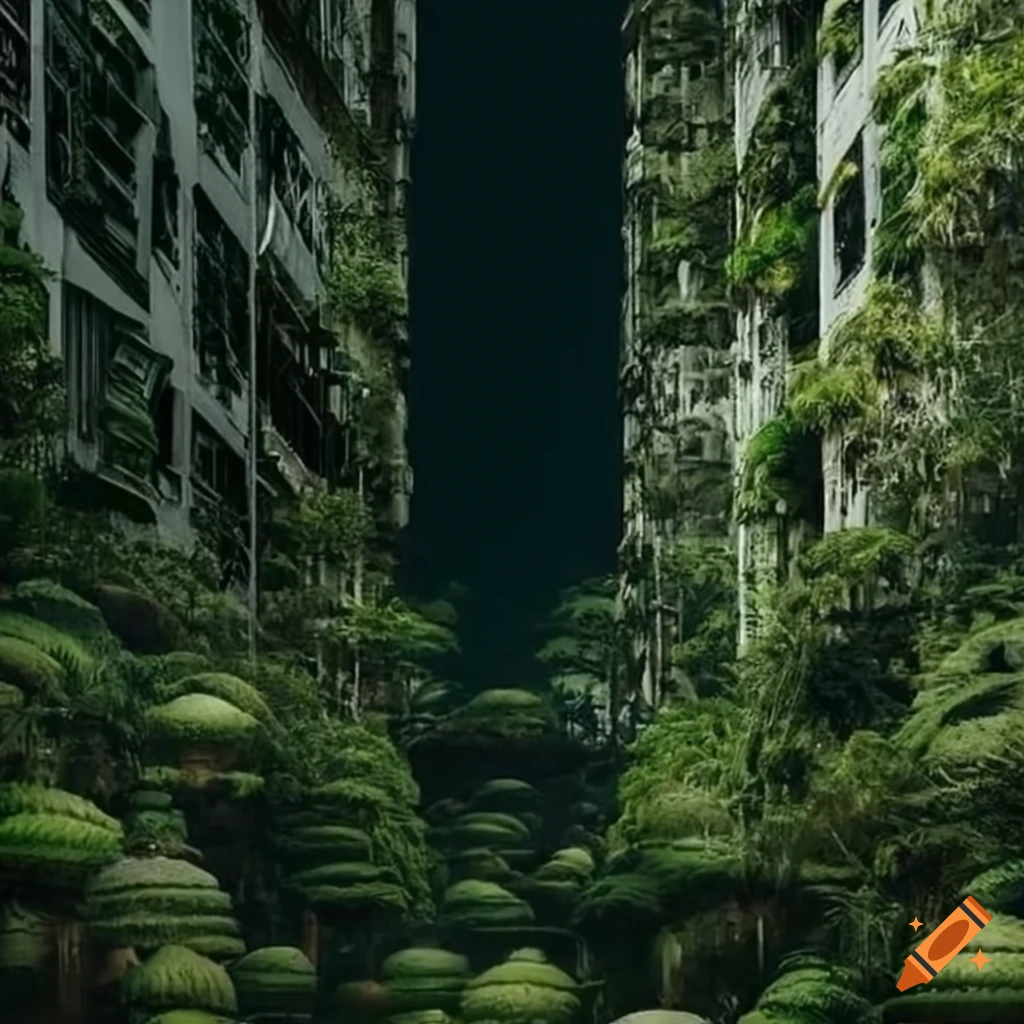 Distopic Nature Dystopian futuristic nature landscape with tall buildings in a South ...