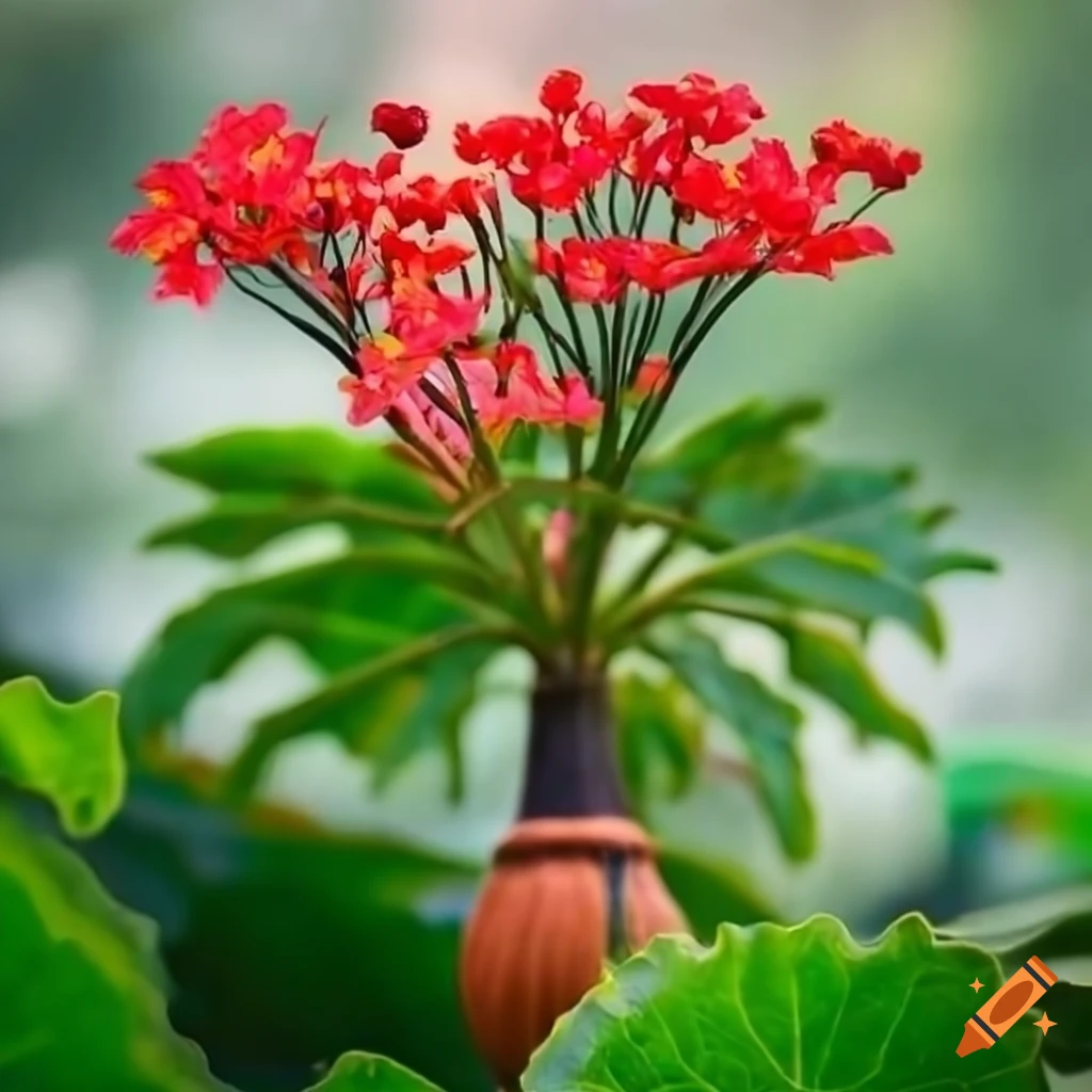 Jatropha plant with thick bottle-like stem growing in a greenhouse