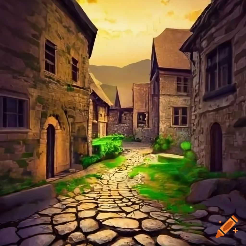Medieval street with temple, stone houses, and man-made ponds in a barren rocky landscape
