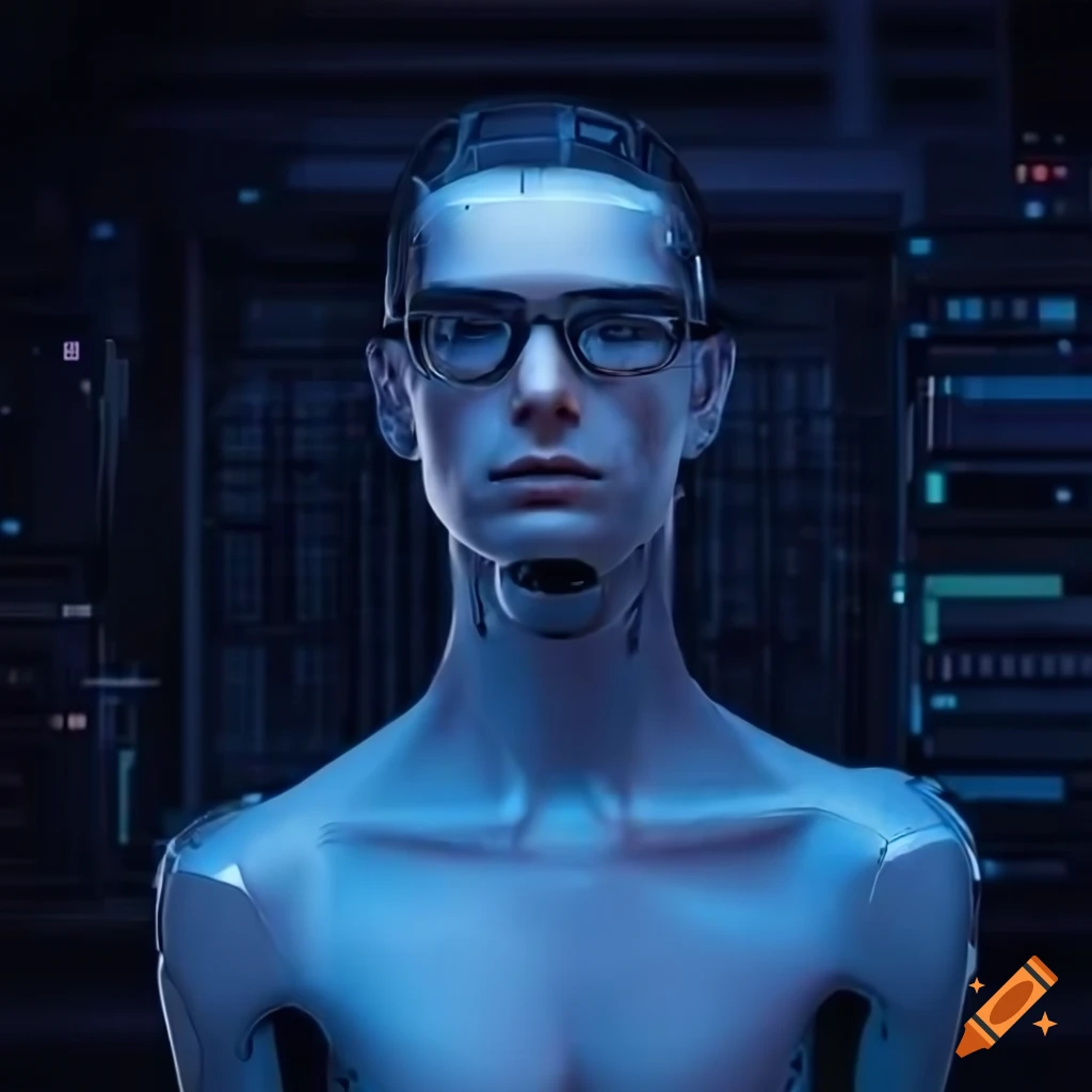 Skinny male with glasses in a futuristic computer terminal on