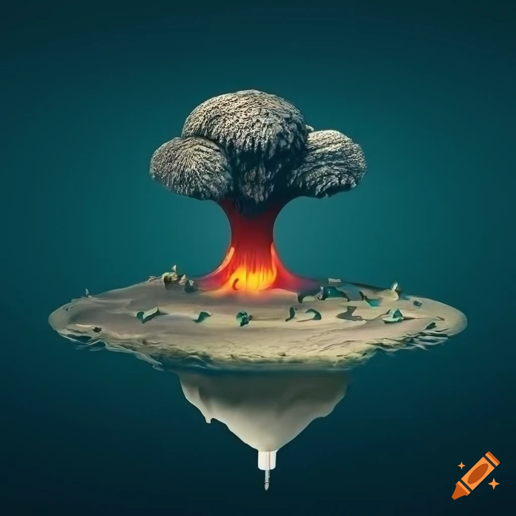 Isometric floating island with a surreal volcano in the sky
