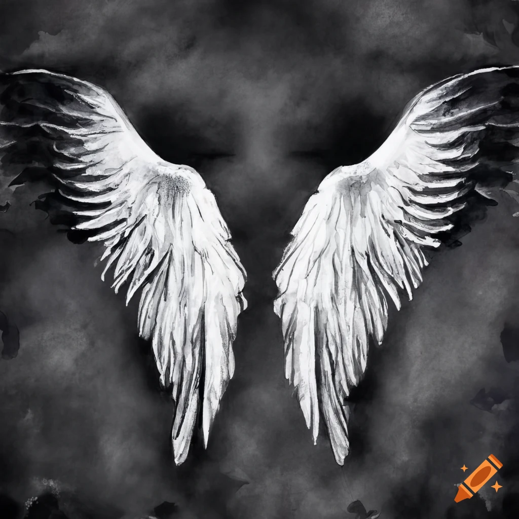 Pair of angel wings in black and white watercolor on black background