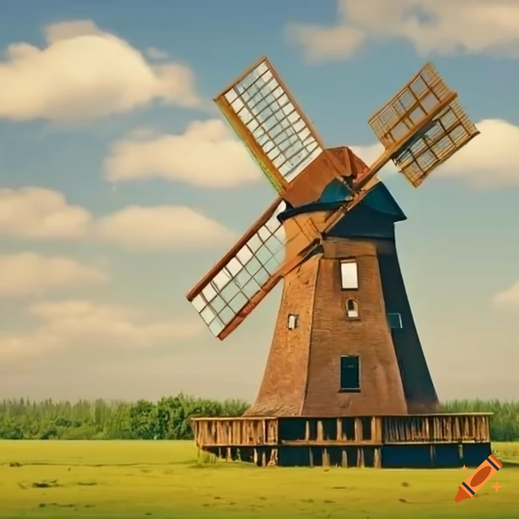 Tall windmill with four wings in a meadow