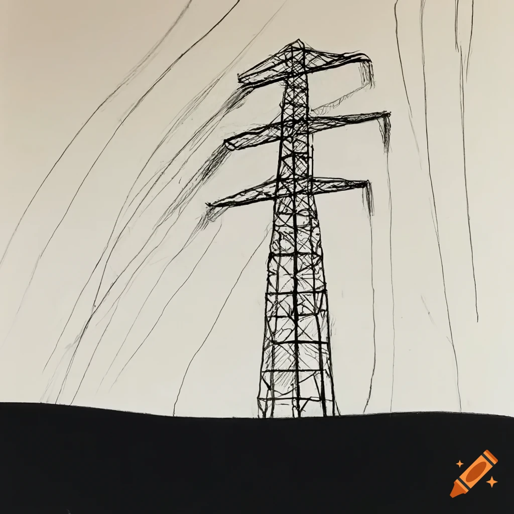 Power line pylons in a wheat field with stormy wind and crows in a minimalist style
