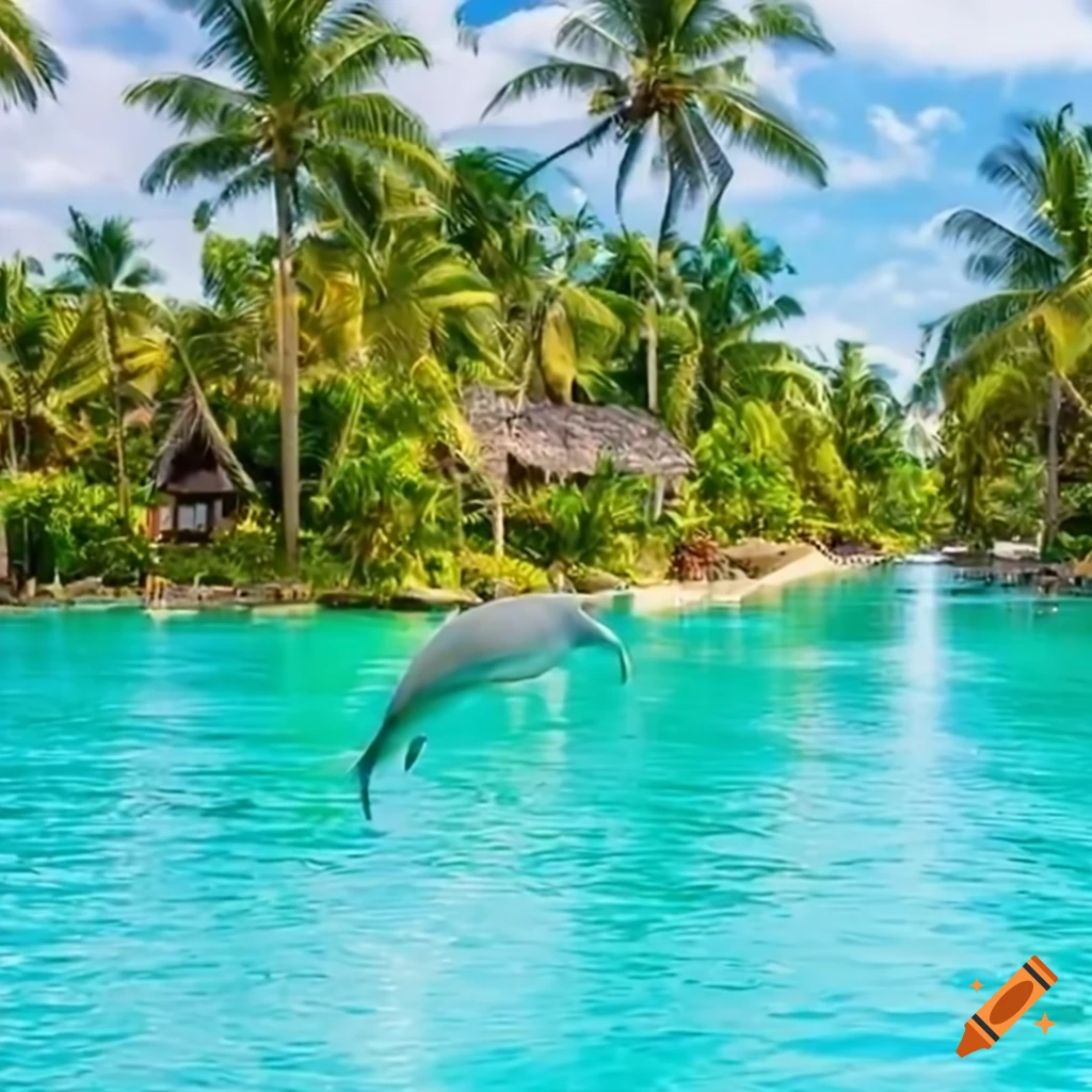 Tropical resort with palm trees on a sunny day and leaping dolphins