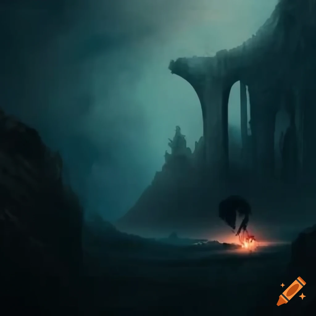 Metal heart levitating in a dreamlike and nightmarish landscape