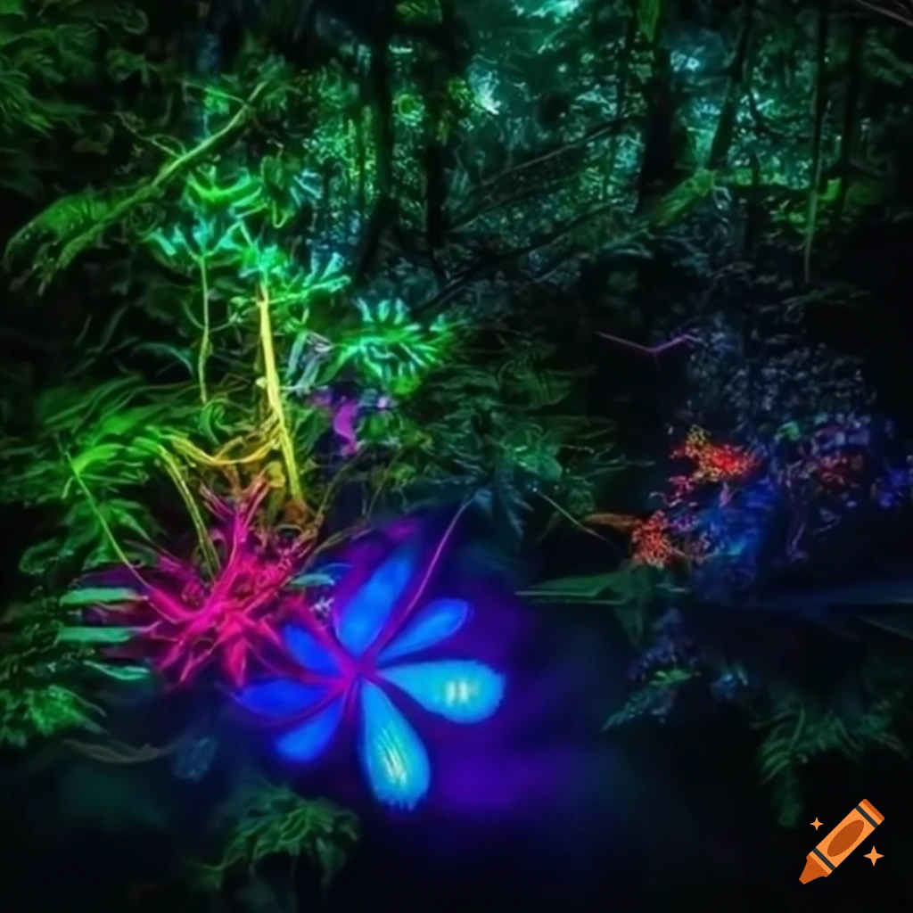 Enchanting rainforest with glowing plants and neon butterflies on Craiyon