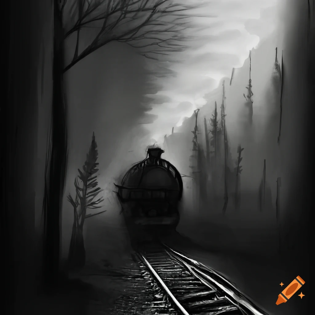Train in distant landscape with dark forest on the horizon at night, charcoal drawing