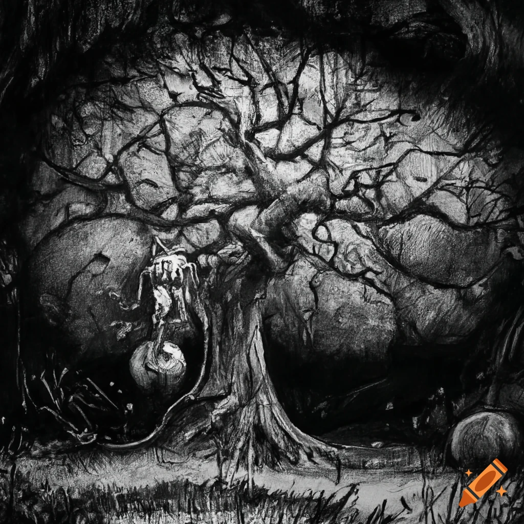 Old apple tree with apples in a forest clearing in charcoal drawing