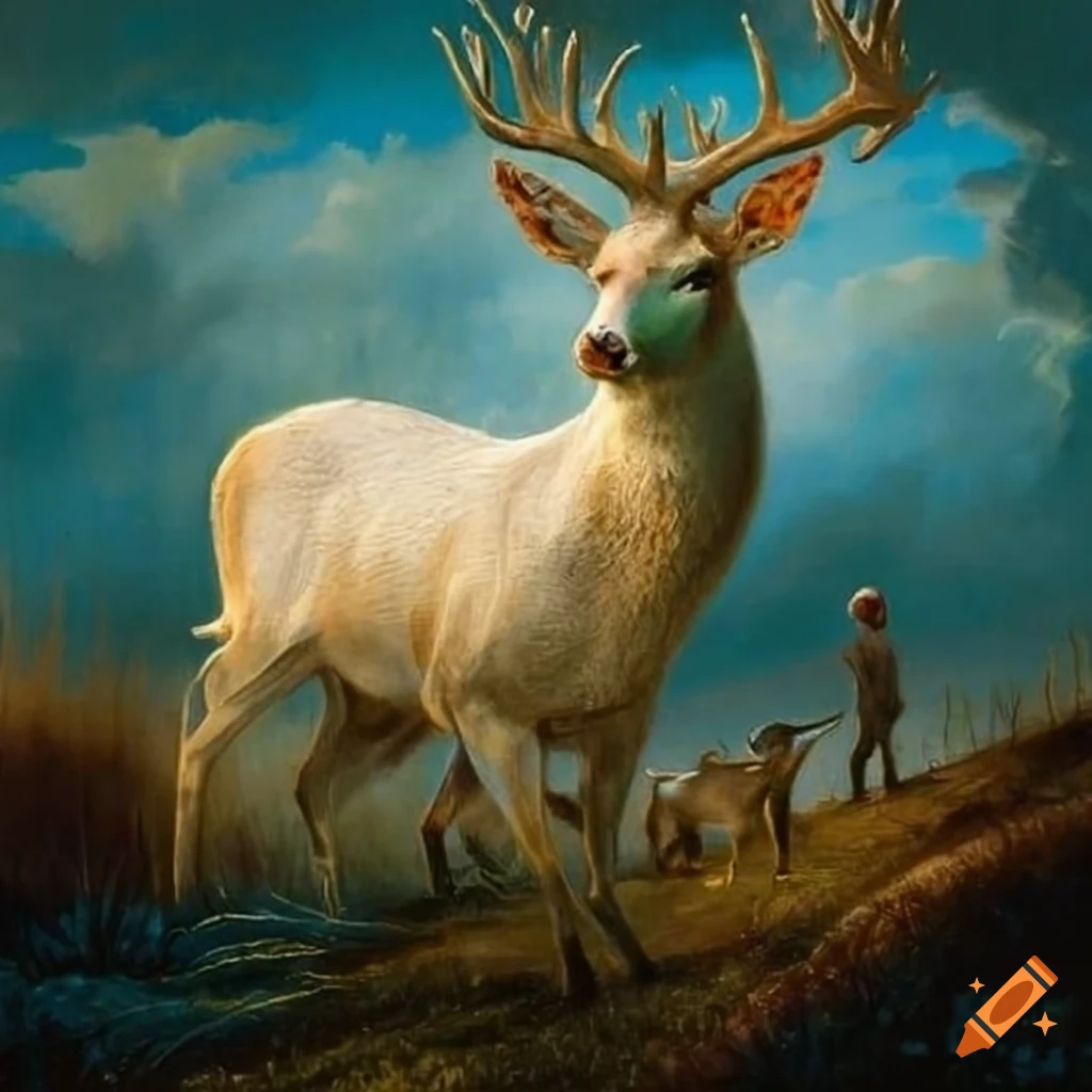 Renaissance art of a white deer in a meadow with men working in the fields
