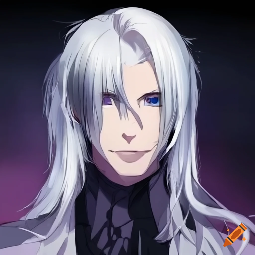 Anime style man with white hair and violet eyes on Craiyon