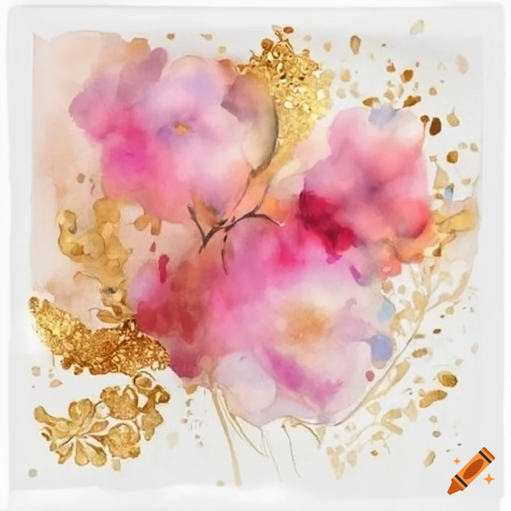 Vibrant watercolor painting of pink and gold flowers on a white canvas