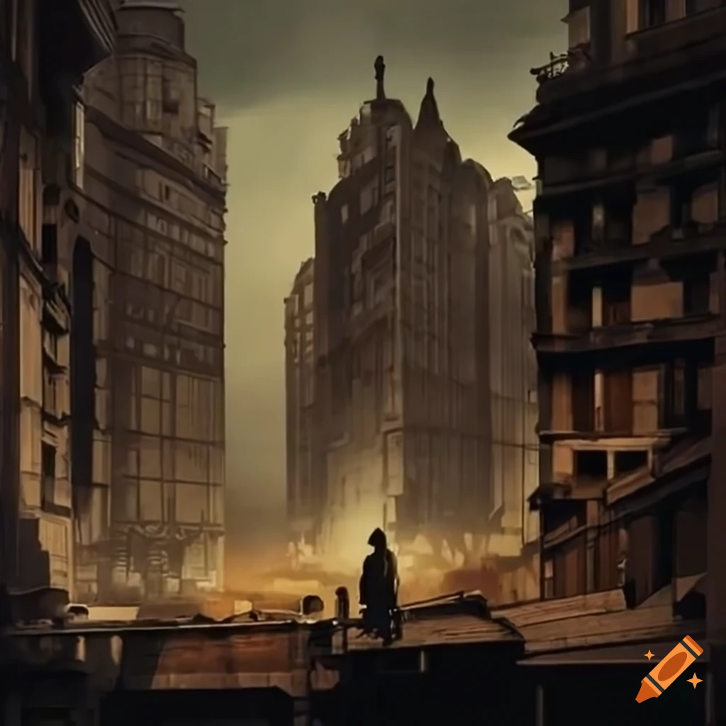 Dystopian cityscape with soldiers on a balcony on Craiyon