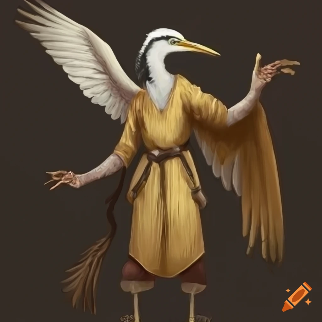 Anthropomorphic heron in monk garb practicing martial arts on Craiyon