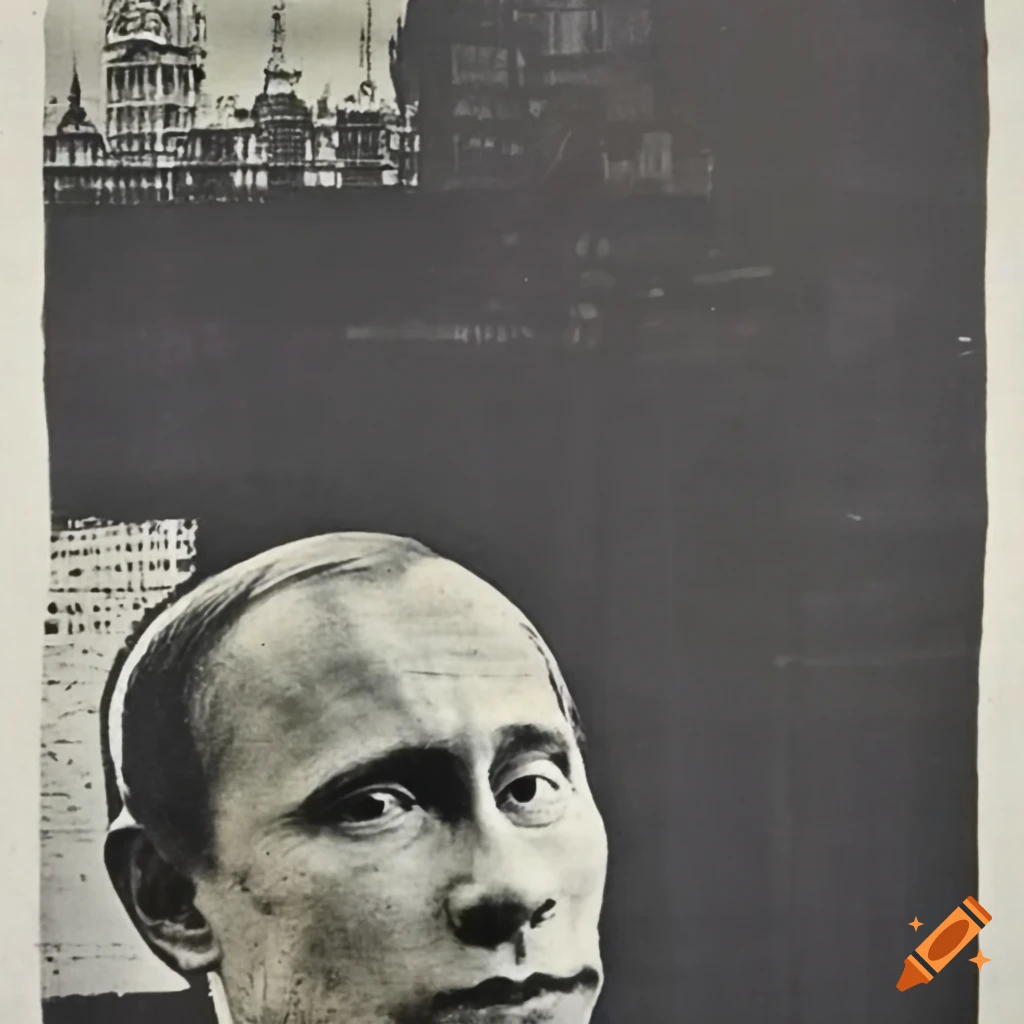 Vladimir Putin at the Kremlin Red Square in monochrome dadaist abstract ...