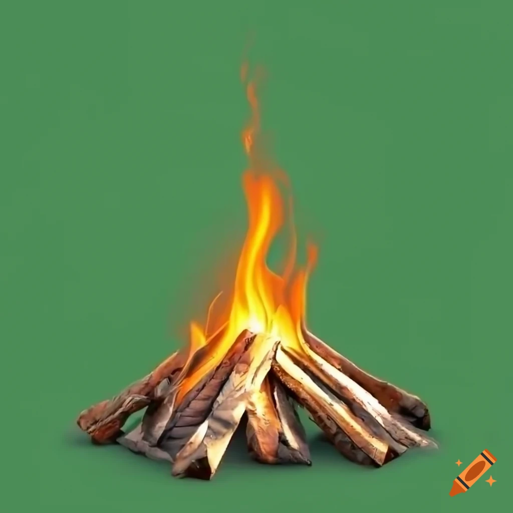 Tall, thin bonfire flame on green chroma key background