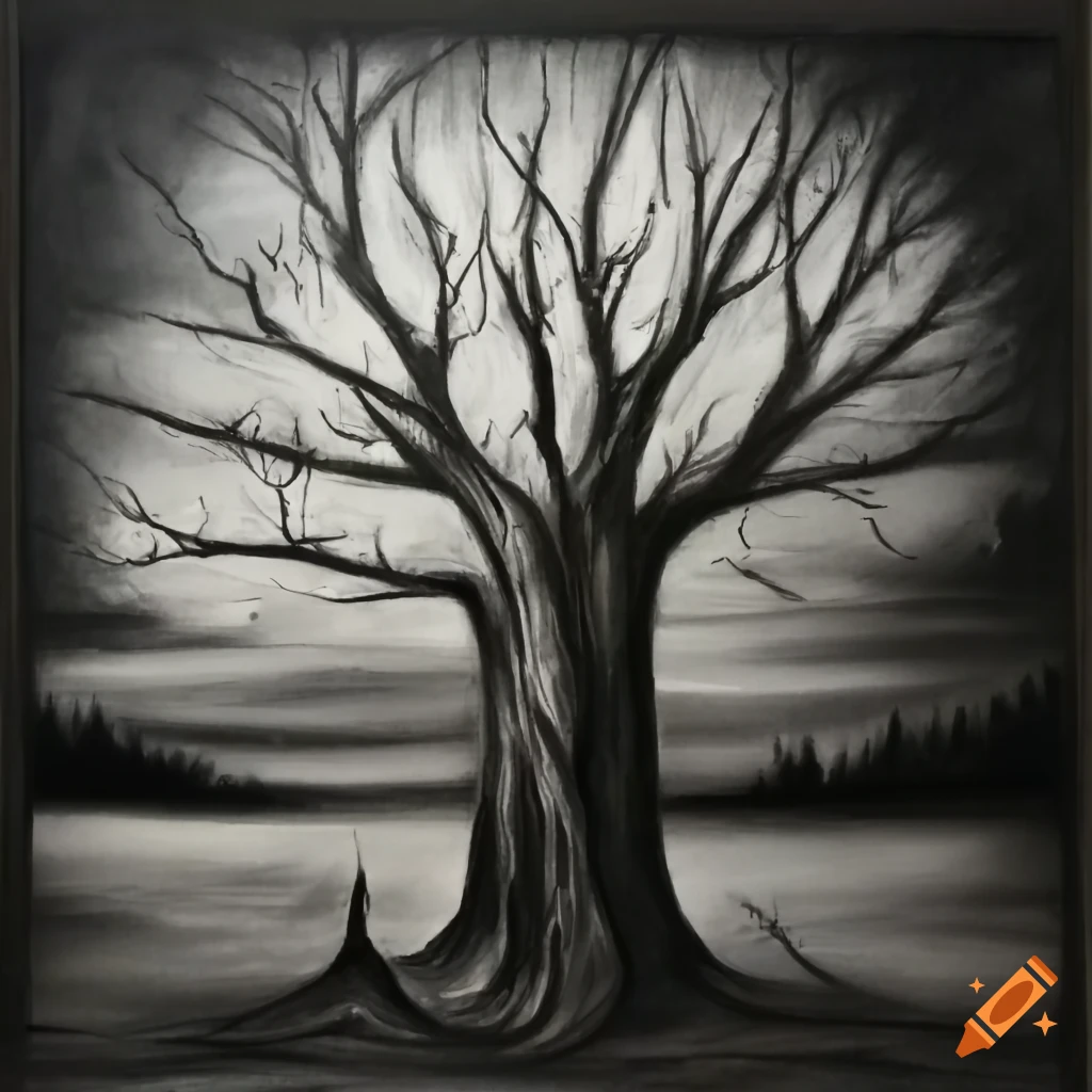 Tree with a hollow in a charcoal black and white drawing