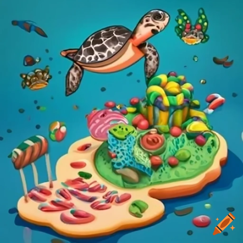 Island made of candy with turtles swimming in the water