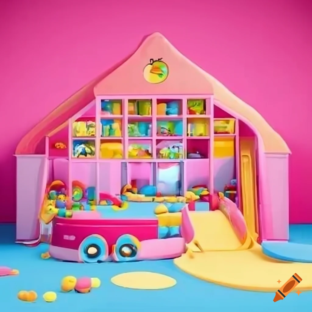 Colorful child's playroom with plushies, toy train, and ball pit with slide