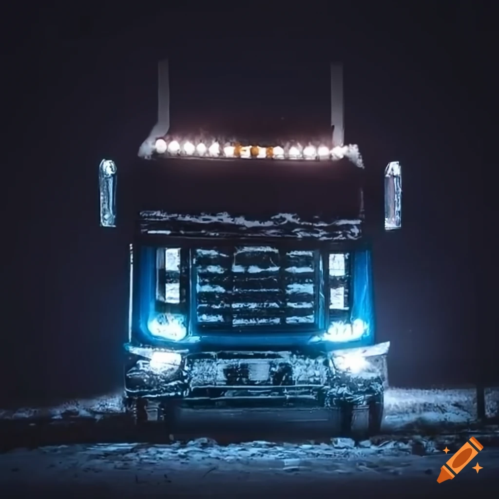 Snowing night with a heavy truck facing front with bright headlights on a snowy road