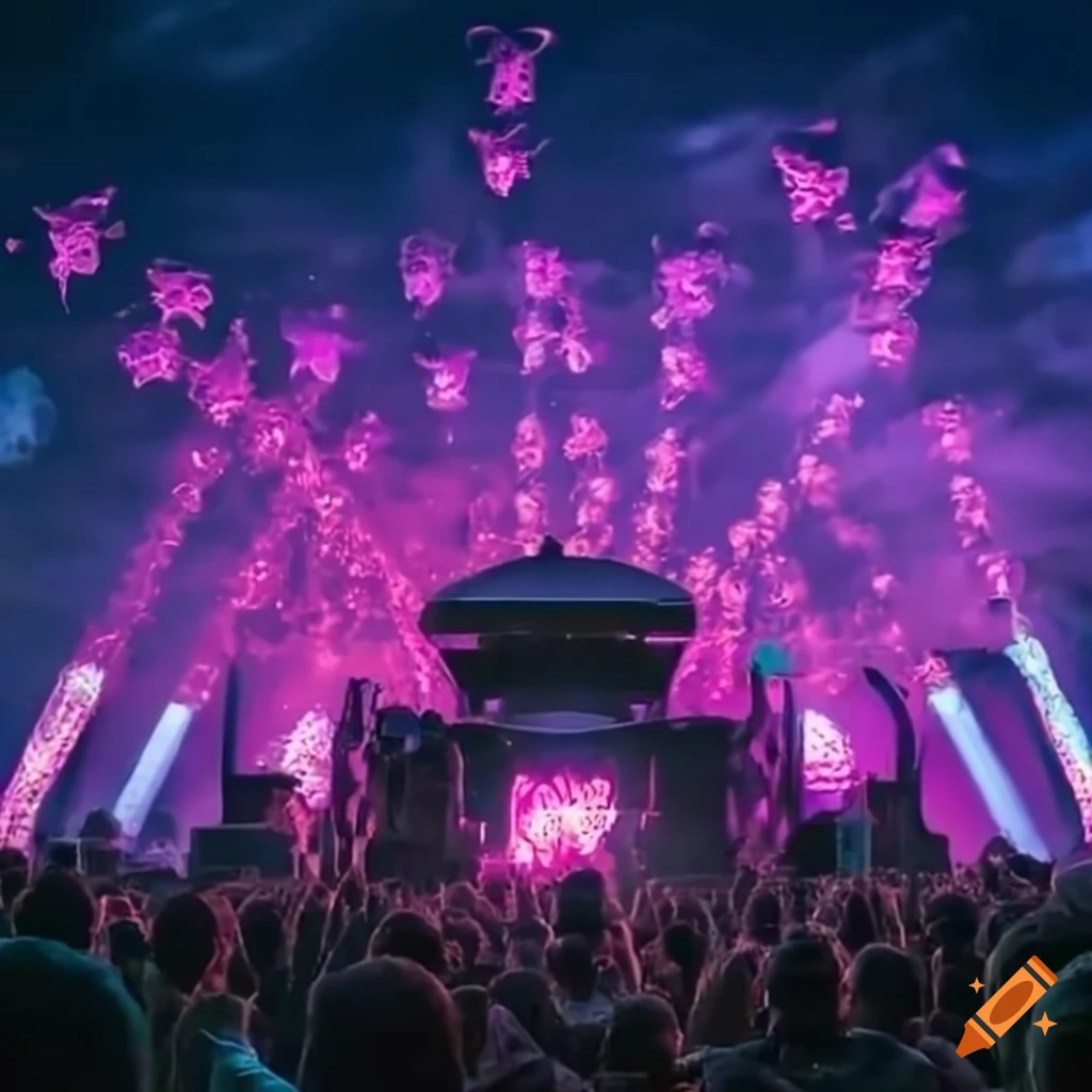 Music festival lights with UFOs hovering in the sky