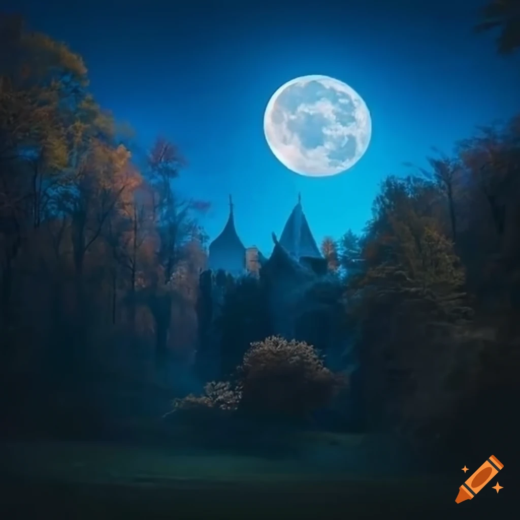 Nighttime forest landscape with a full moon illuminating an ancient ...