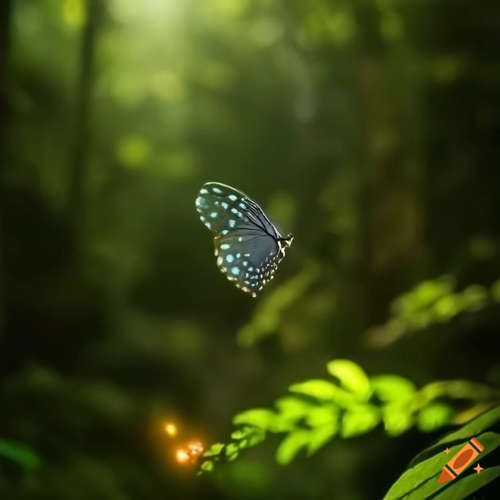 Rainforest clearing at dusk with glowing butterfly landing on a flower