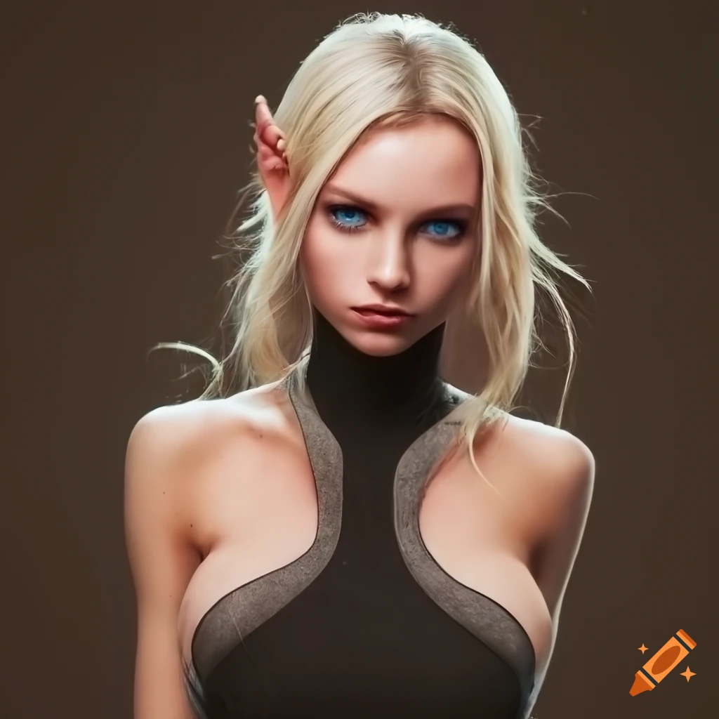 Elf girl with black sleeveless turtleneck in pool at golden hour