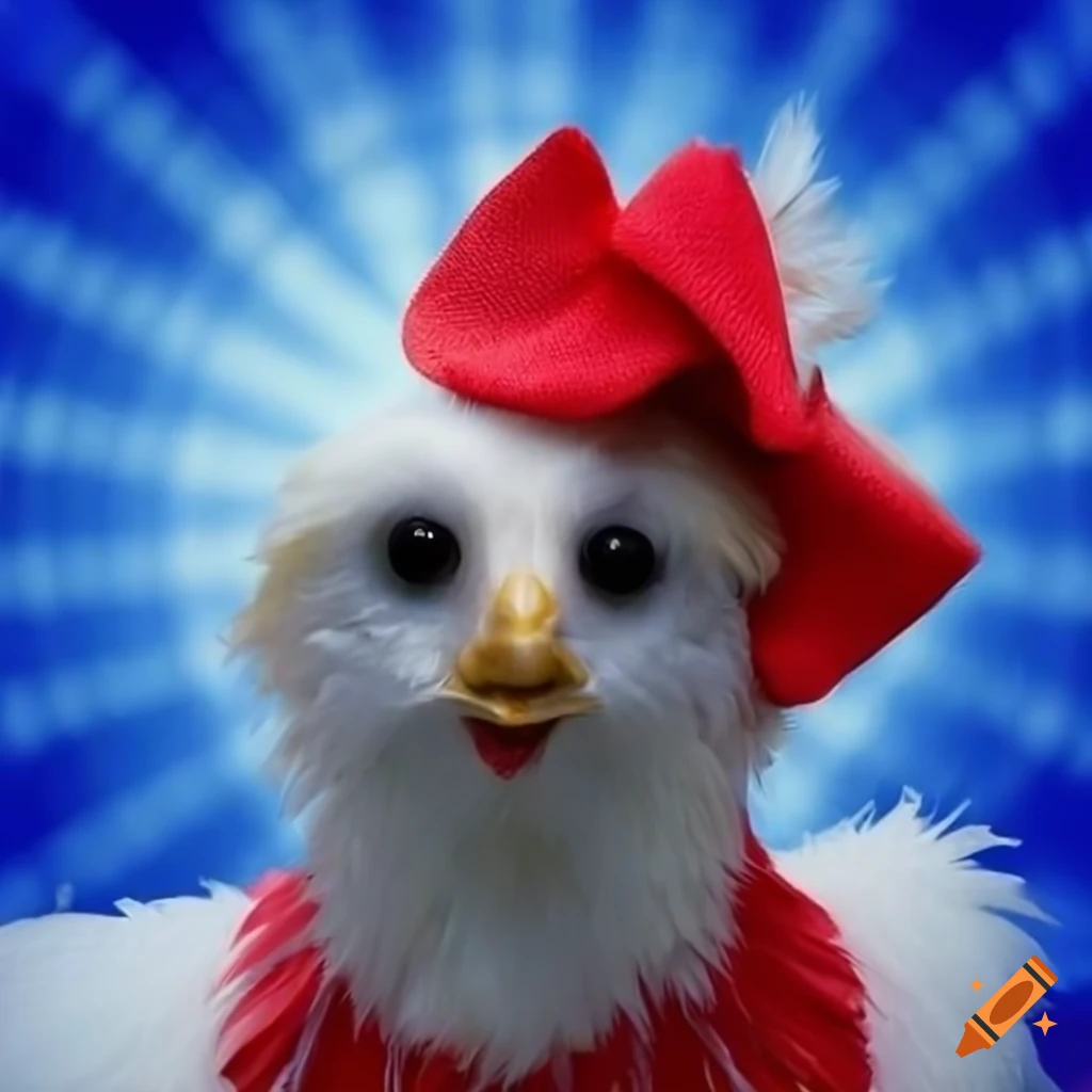 White chicken dressed for April Fool's Day on a starburst background