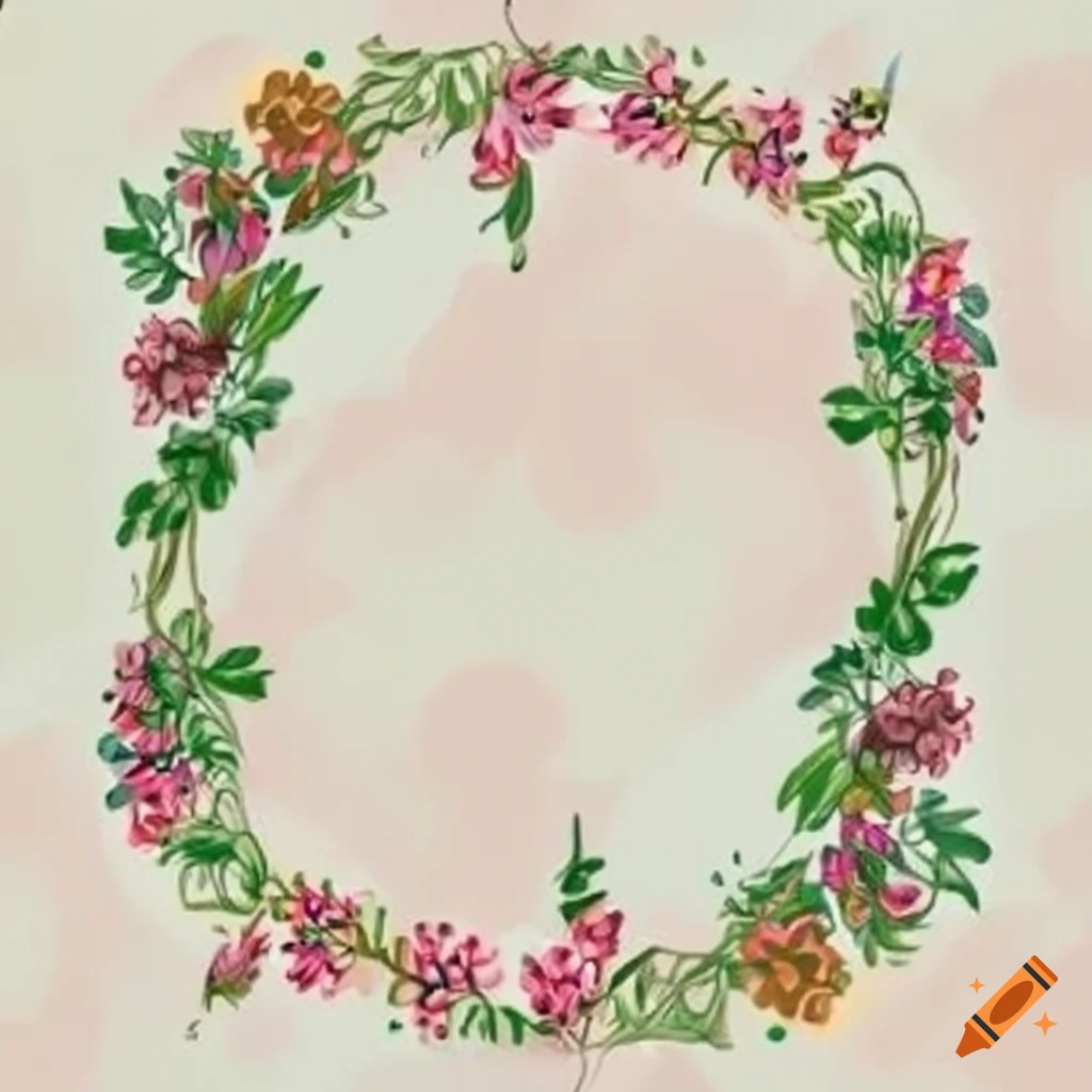 Wildflowers wreath with dangling ivy in clip art style