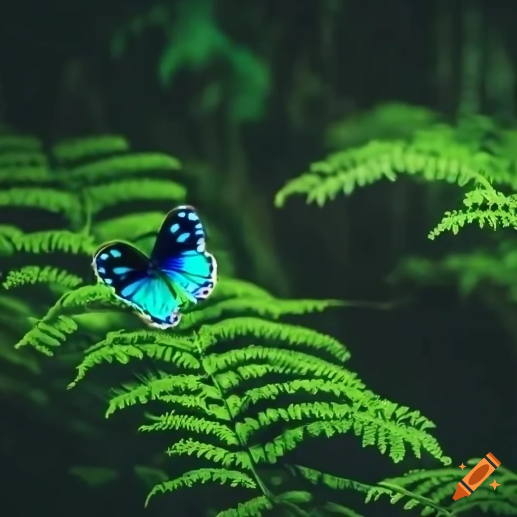 Lush rainforest with a glowing butterfly and light filtering through ...