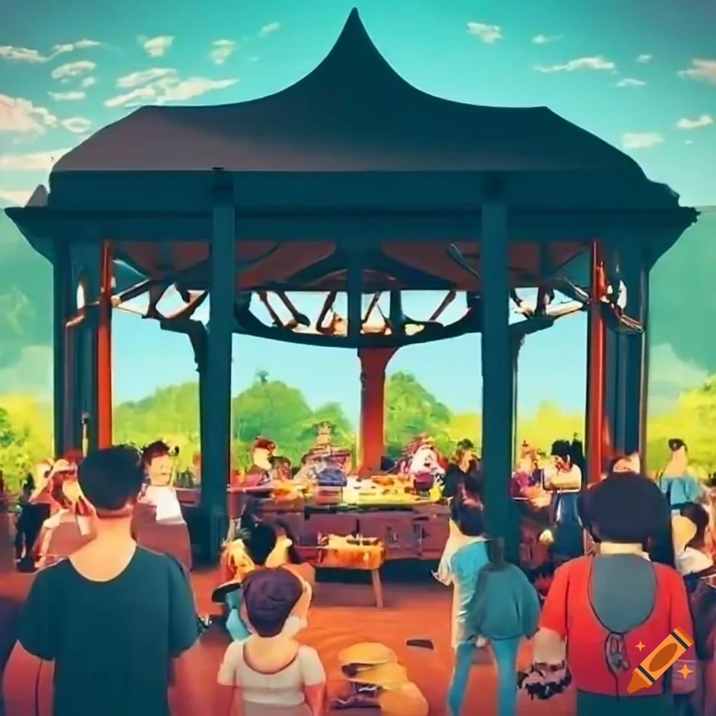 Community gathering for barbeque grill in park pavilion