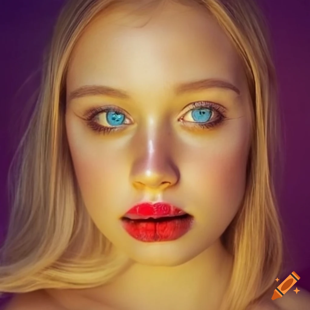 Person with yellow skin, corn blonde hair, glittery pink lips, sky blue