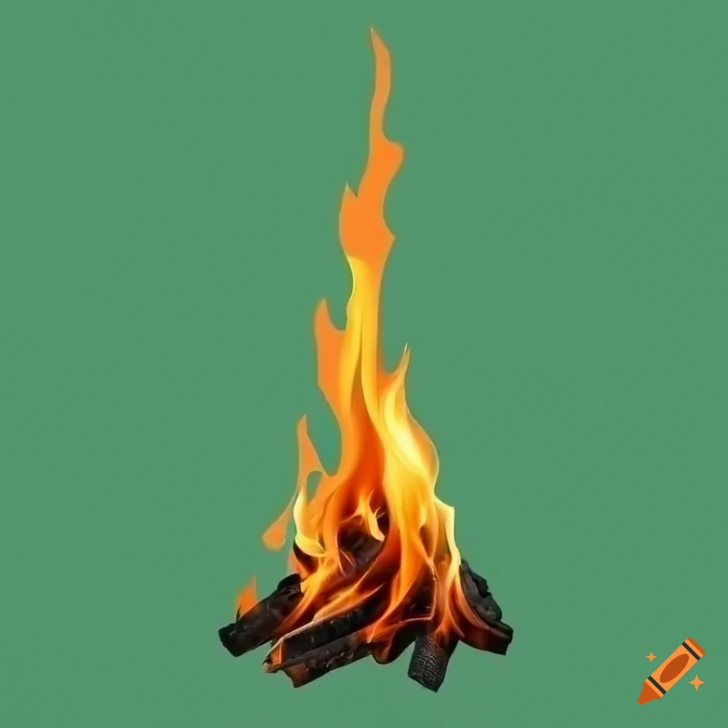 Tall thin bonfire flame on a monochrome medium-green background