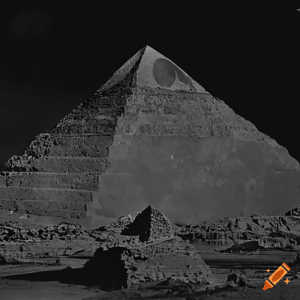 Vintage photograph of a pyramid structure on a desolate moon