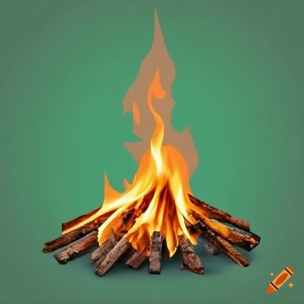 Tall thin bonfire flame on a monochrome medium-green background