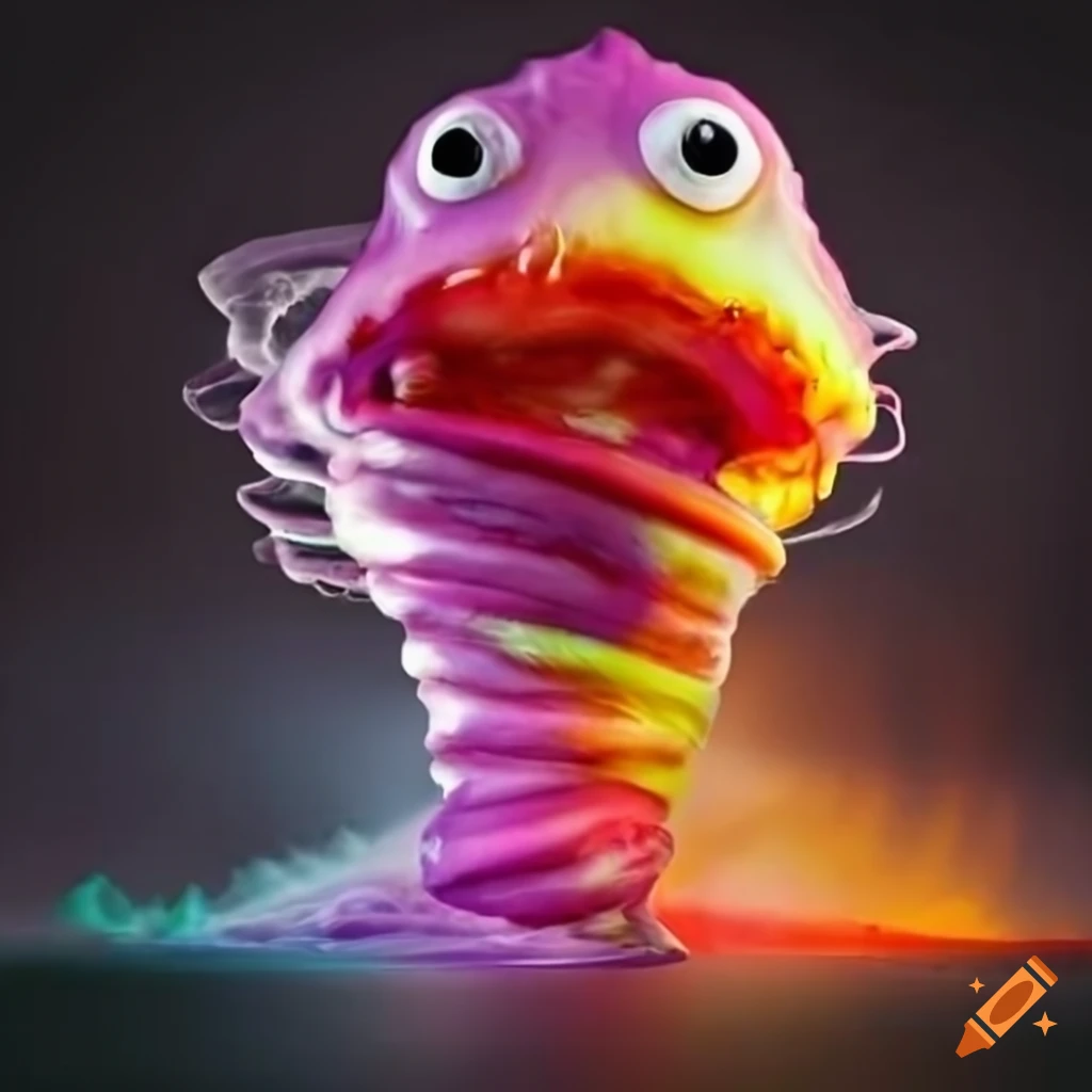 Scary cyclone made of blobfish, man, rainbow horse, and fire