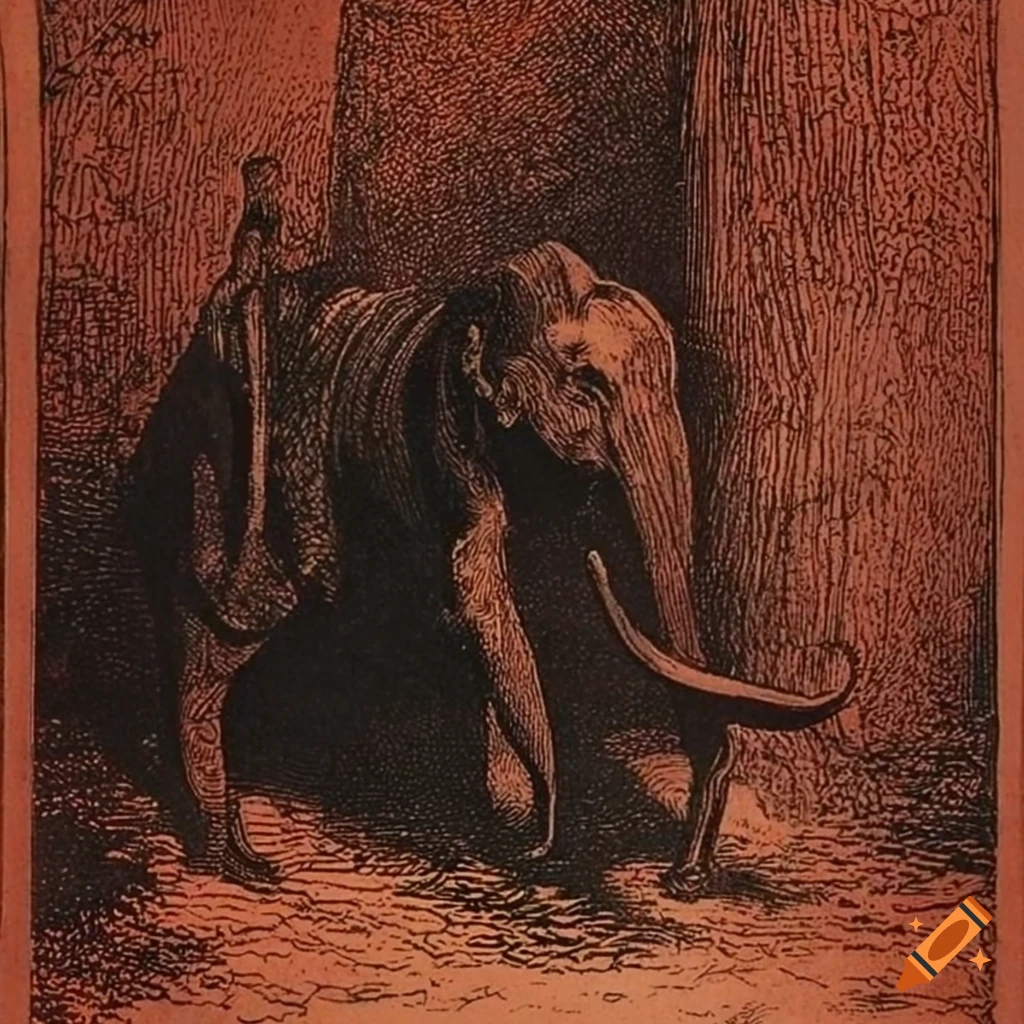 Antique 60's dark car with a dashund in an elephantesque style inspired by Gustave Doré