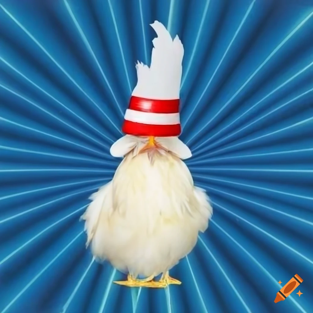 White chicken with fool hat on blue starburst background