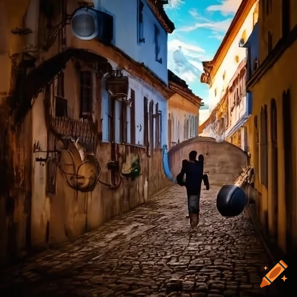 Steampunk streets of Ouro Preto with steam and machinery between buildings
