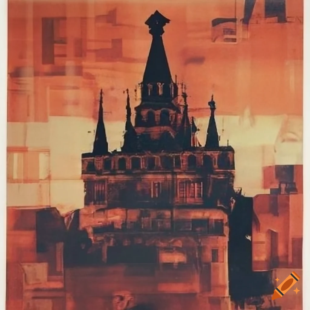 Burning Kremlin building on Red Square in dadaist abstract art style