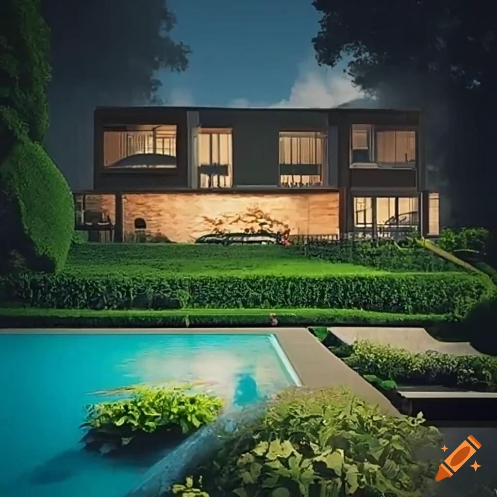 White two-story house with helipad, garden, and pool on Craiyon