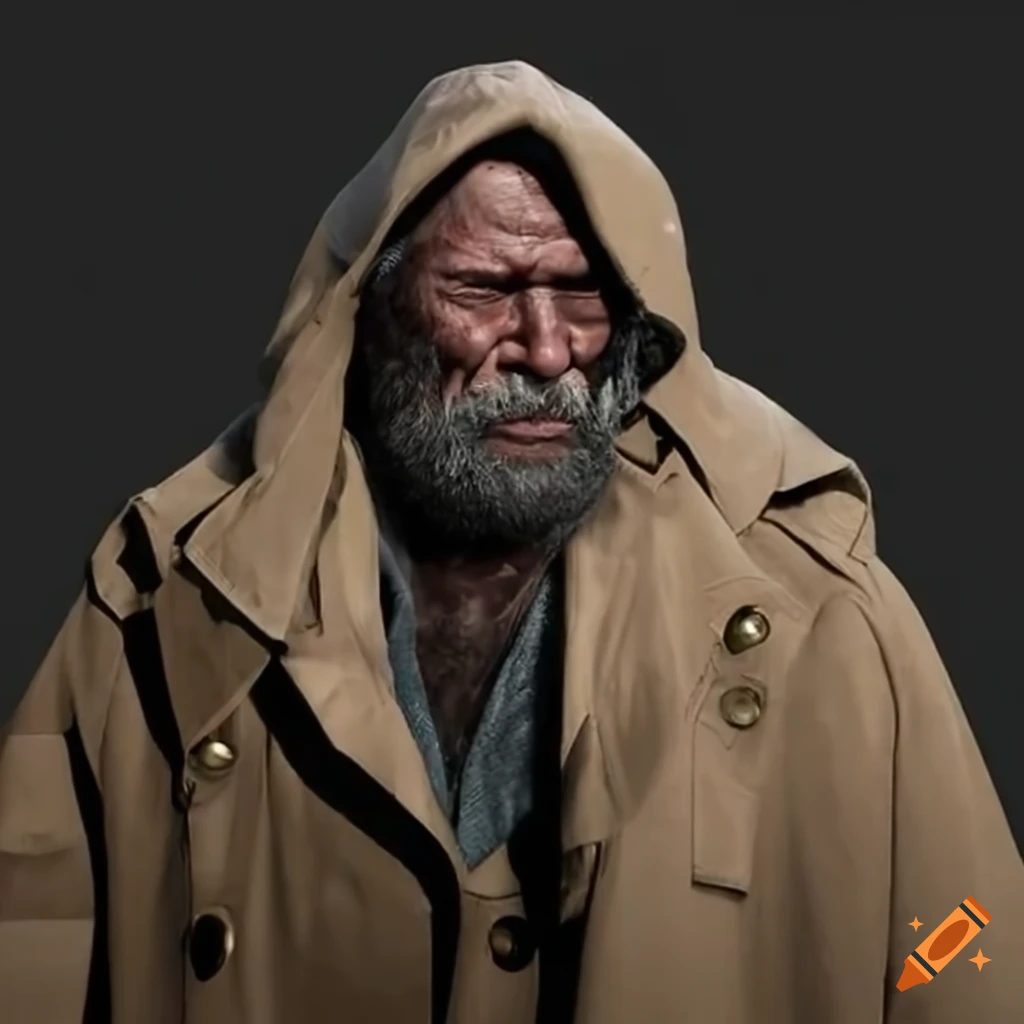 Steven the Homeless Man in a beige trench coat