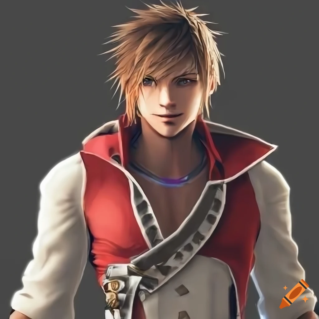 Strong man in white jacket and red t-shirt, Final Fantasy style character
