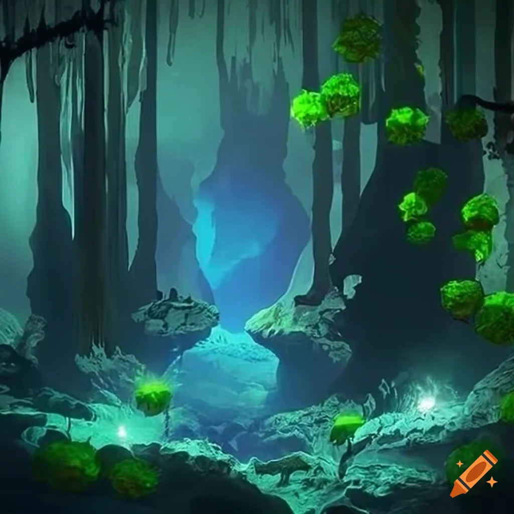 Mesmerizing cave entrance adorned with glowing plants in a deep forest ...