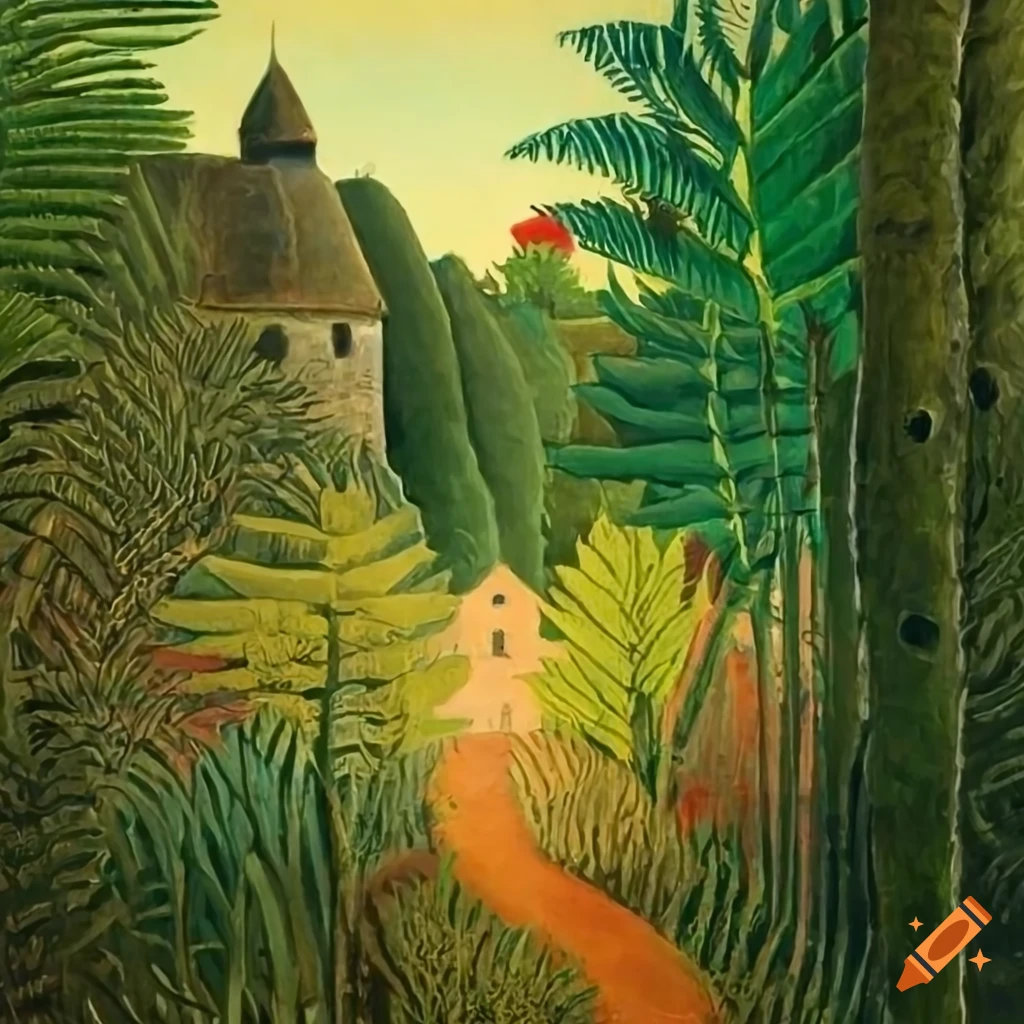 Forest in the style of Henri Rousseau with a path and Saint-Amand de Coly abbey in France