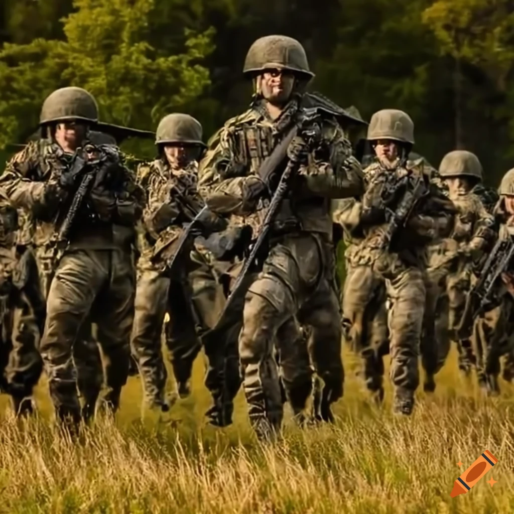 Triumphant modern army marching through a field on Craiyon